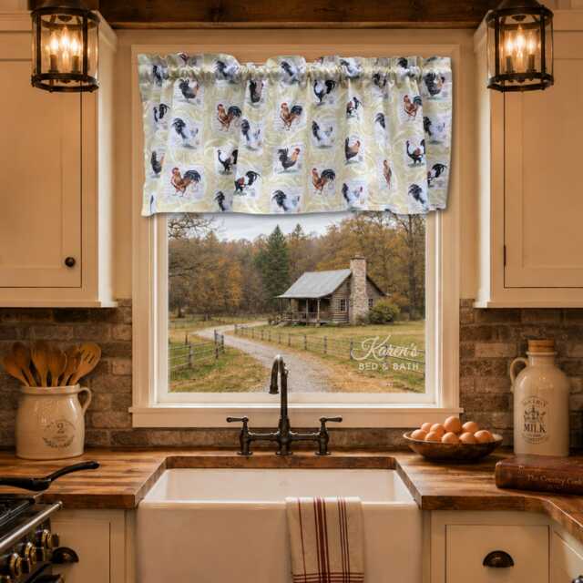Rooster Valance - Cream Chicken Kitchen Curtain Farmhouse Country Window Topper - image 1