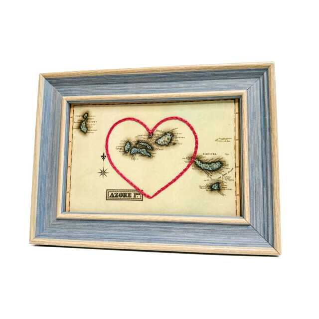 Azores Heart Map - Custom Gift Anniversary For Him Framed Wedding Vintage Print Of W Hand-Embroidered - image 1