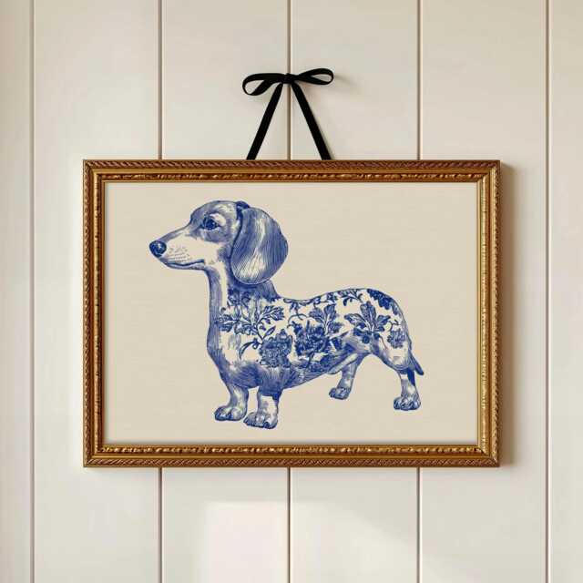 Blue & White Dachshund Art Print - Chinoiserie Dog Wall Toile Style Kitchen Or Hallway Decor - image 1