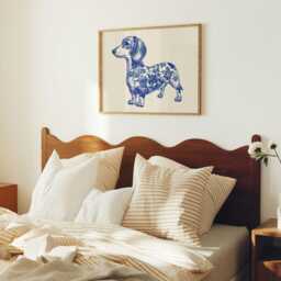 Blue & White Dachshund Art Print - Chinoiserie Dog Wall Toile Style Kitchen Or Hallway Decor - thumbnail 3