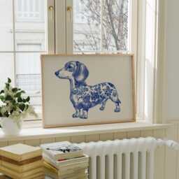Blue & White Dachshund Art Print - Chinoiserie Dog Wall Toile Style Kitchen Or Hallway Decor - thumbnail 2