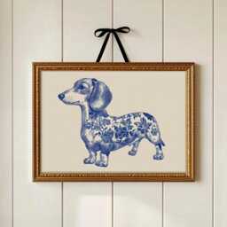 Blue & White Dachshund Art Print - Chinoiserie Dog Wall Toile Style Kitchen Or Hallway Decor - thumbnail 1