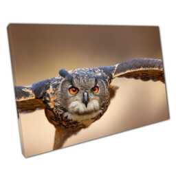 Eurasian Eagle Owl Canvas Print Gliding Through Air in Grassy Meadow Home Office Wall Art Decor - thumbnail 1
