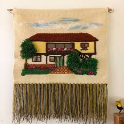 Woven Wool House Tapestry Handmade Fiber Art Wall Hanging - thumbnail 2