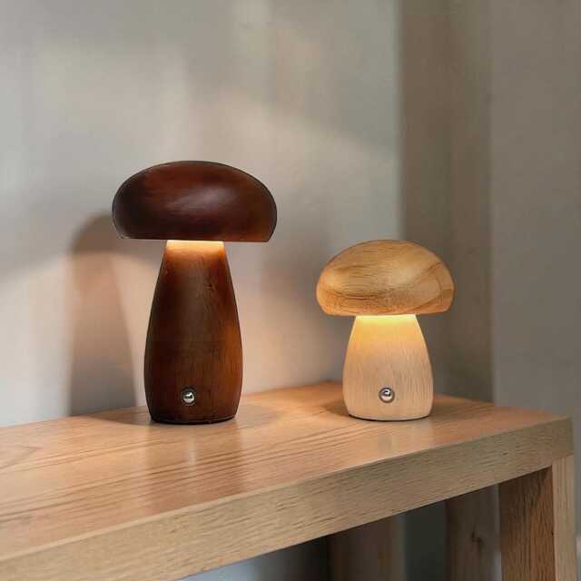 Wooden Mushroom Night Light Usb Rechargeable Touch Bedside Lamp - image 1