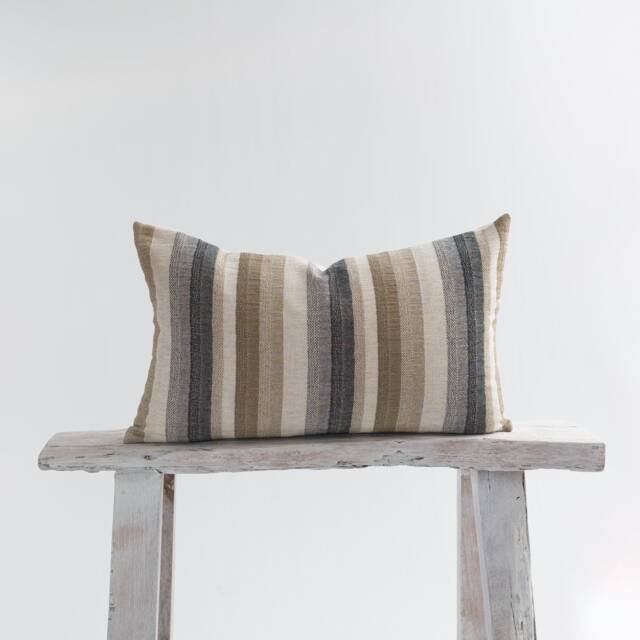 Woven Linen Cotton Lumbar Pillow, Striped Farmhouse Cushion, Bamboo Back - image 1