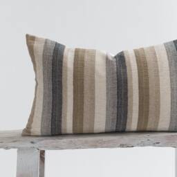 Woven Linen Cotton Lumbar Pillow, Striped Farmhouse Cushion, Bamboo Back - thumbnail 2
