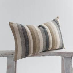 Woven Linen Cotton Lumbar Pillow, Striped Farmhouse Cushion, Bamboo Back - thumbnail 3
