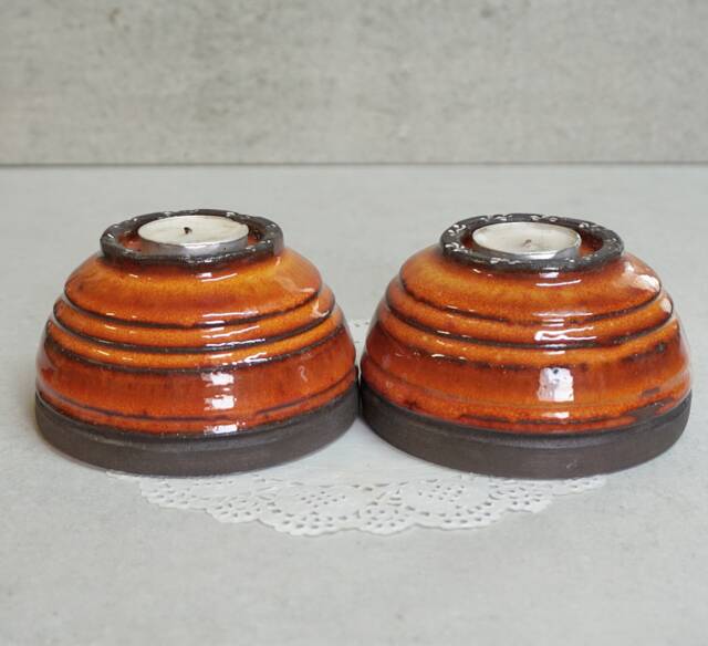 Rustic Orange Ceramic Candleholder Set Israeli Pottery Tea Light Holders - image 1