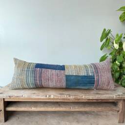 Vintage Hmong Hemp Lumbar Pillow Cover Rustic Tribal Art - 12x36 - thumbnail 1