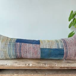 Vintage Hmong Hemp Lumbar Pillow Cover Rustic Tribal Art - 12x36 - thumbnail 4