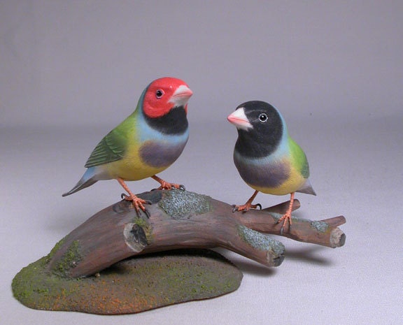 Gouldian Finch Pair Hand Carved Wooden Bird - image 1