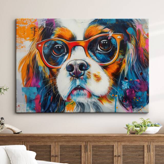 King Charles Spaniel Wearing Glasses Painting Framed Poster Print & Canvas Wall Decor Art Home Living Room Dog Gift Idea Pet - image 1