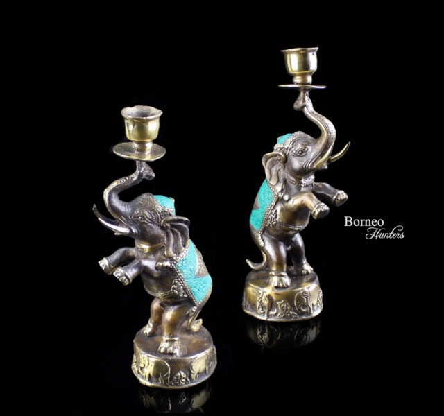 Brass Elephant Candlestick Holders Lucky Trunk Home Decor - Set Of 2 - image 1