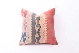 Vintage Turkish Kilim Pillow Cover Handwoven Wool Cushion, 16x16 - thumbnail 1