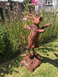 Leaping Hare Garden Sculpture - Rusty Iron Hare By Christine Baxter - thumbnail 1