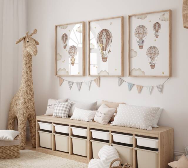 Nursery Air Balloon Animal Prints, Hot Air Balloon Prints, Boy Girl, Unisex Neutral Beige Green Blue Boho, Elephant Giraffe Lion - image 1