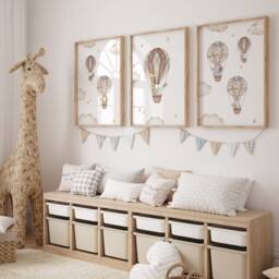 Nursery Air Balloon Animal Prints, Hot Air Balloon Prints, Boy Girl, Unisex Neutral Beige Green Blue Boho, Elephant Giraffe Lion - thumbnail 3