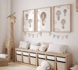 Nursery Air Balloon Animal Prints, Hot Air Balloon Prints, Boy Girl, Unisex Neutral Beige Green Blue Boho, Elephant Giraffe Lion - thumbnail 1