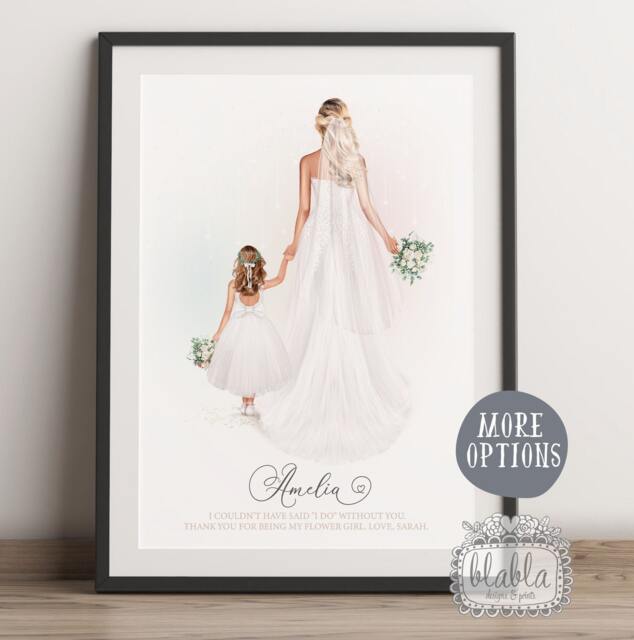 Flower Girl, Bride & Girl Portrait, Gift For Bridesmaid Gift, Print, Wedding Personalised Print - image 1