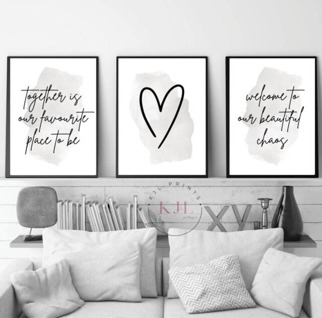 Set Of 3 Grey Home Decor Prints Love & Chaos