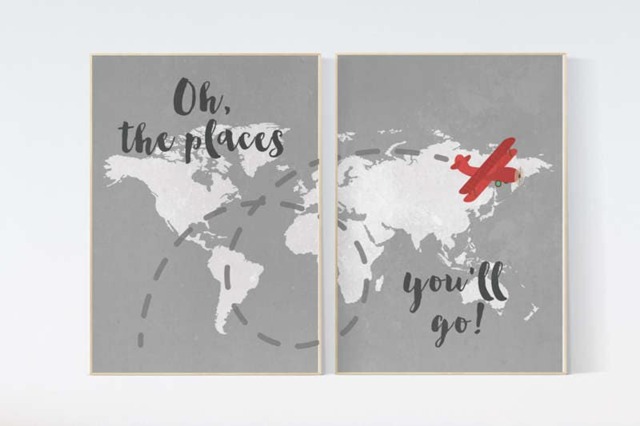 World Map Nursery Art Print Gray Travel Theme - image 1