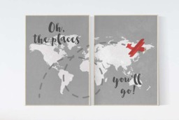 World Map Nursery Art Print Gray Travel Theme - thumbnail 1
