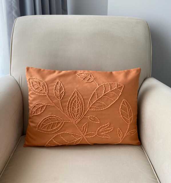 Handmade Punch Needle Pillow Cover Orange Linen Leaf Design - 14x20 - image 1