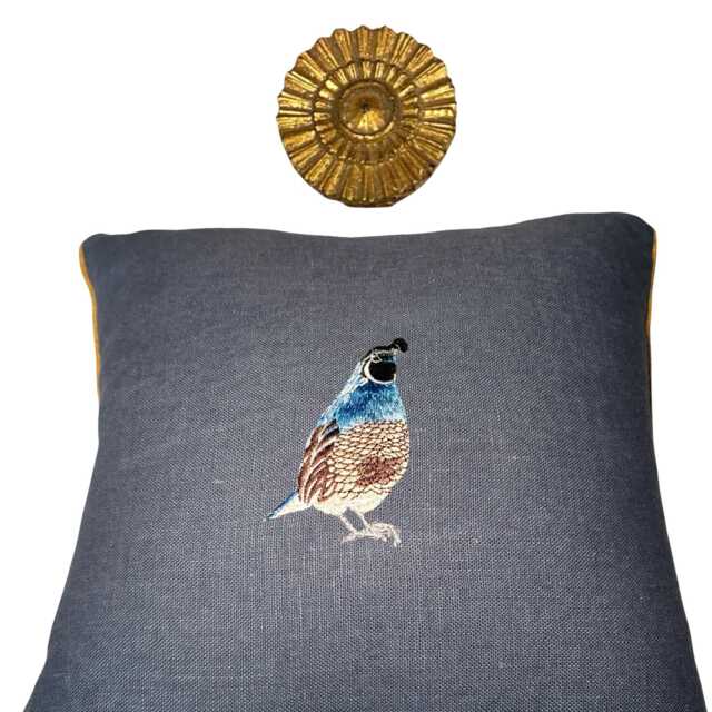 Slate Blue Linen Pillow Embroidered Quail Bird Decorative Pillow - image 1