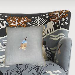 Slate Blue Linen Pillow Embroidered Quail Bird Decorative Pillow - thumbnail 2