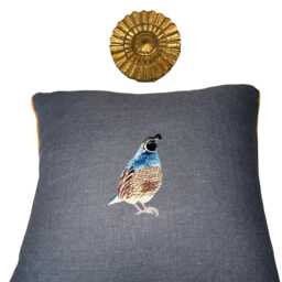 Slate Blue Linen Pillow Embroidered Quail Bird Decorative Pillow - thumbnail 1