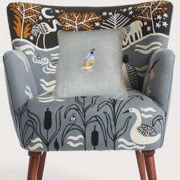 Slate Blue Linen Pillow Embroidered Quail Bird Decorative Pillow - thumbnail 3