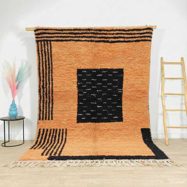 Moroccan Orange Berber Rug, Handwoven Wool Shag Rug With Abstract Geometric Blocks, Authentic Beni Ourain Style Carpet, Large 9x12 Area - image 1