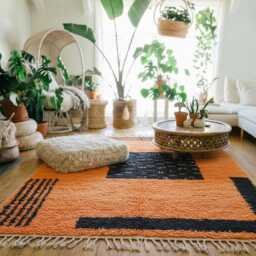 Moroccan Orange Berber Rug, Handwoven Wool Shag Rug With Abstract Geometric Blocks, Authentic Beni Ourain Style Carpet, Large 9x12 Area - thumbnail 2