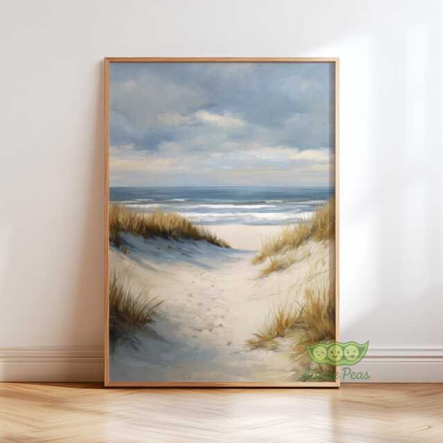 Coastal Beach Wall Art, Serene Ocean Dunes Seascape Painting, Calm Shoreline Landscape Print, Moody Living Room Art - image 1