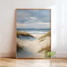 Coastal Beach Wall Art, Serene Ocean Dunes Seascape Painting, Calm Shoreline Landscape Print, Moody Living Room Art - thumbnail 1