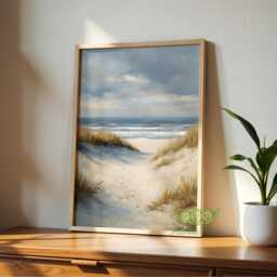 Coastal Beach Wall Art, Serene Ocean Dunes Seascape Painting, Calm Shoreline Landscape Print, Moody Living Room Art - thumbnail 3