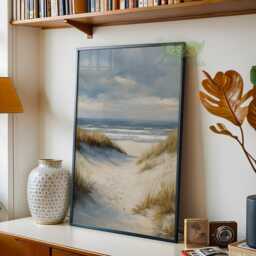 Coastal Beach Wall Art, Serene Ocean Dunes Seascape Painting, Calm Shoreline Landscape Print, Moody Living Room Art - thumbnail 2