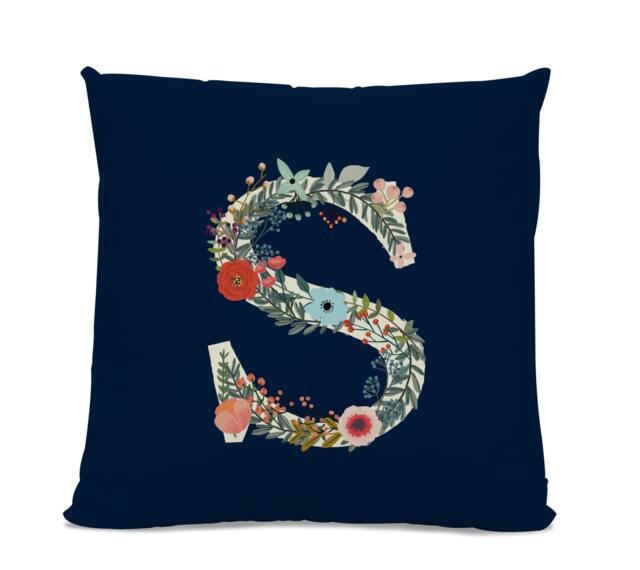 Initial Pillow - Floral Letter With S Monogrammed Custom Throw Flower Monogram