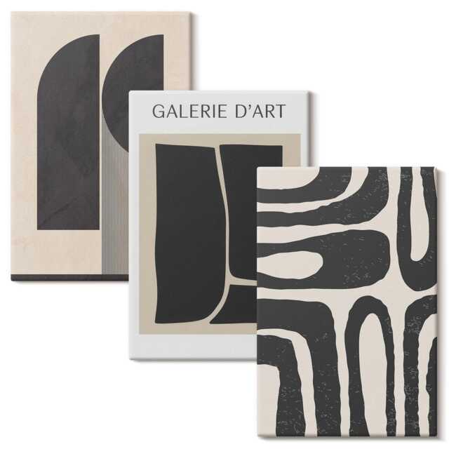 Canvas Wall Art Set Of 3 - Shapes Minimalist Posters, Black Canvas, Abstract Decor - image 1