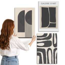 Canvas Wall Art Set Of 3 - Shapes Minimalist Posters, Black Canvas, Abstract Decor - thumbnail 2