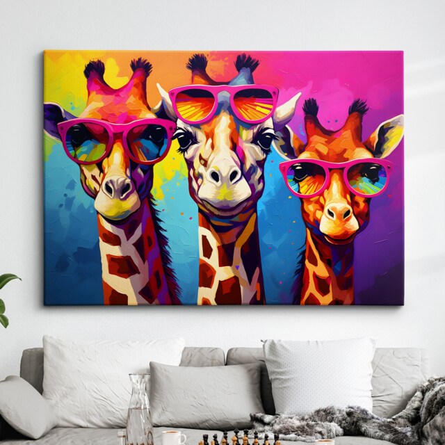 Colorful Giraffe Family Glasses Abstract Oil Painting Style Wall Art, Framed Canvas Poster Print, Home Kitchen Office Room Decor, Gifts - image 1