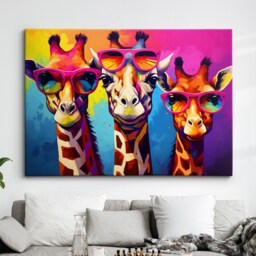 Colorful Giraffe Family Glasses Abstract Oil Painting Style Wall Art, Framed Canvas Poster Print, Home Kitchen Office Room Decor, Gifts - thumbnail 1