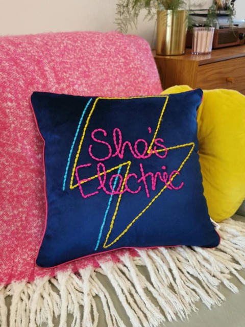 She's Electric Lightning Bolt Embroidered Velvet Cushion - image 1