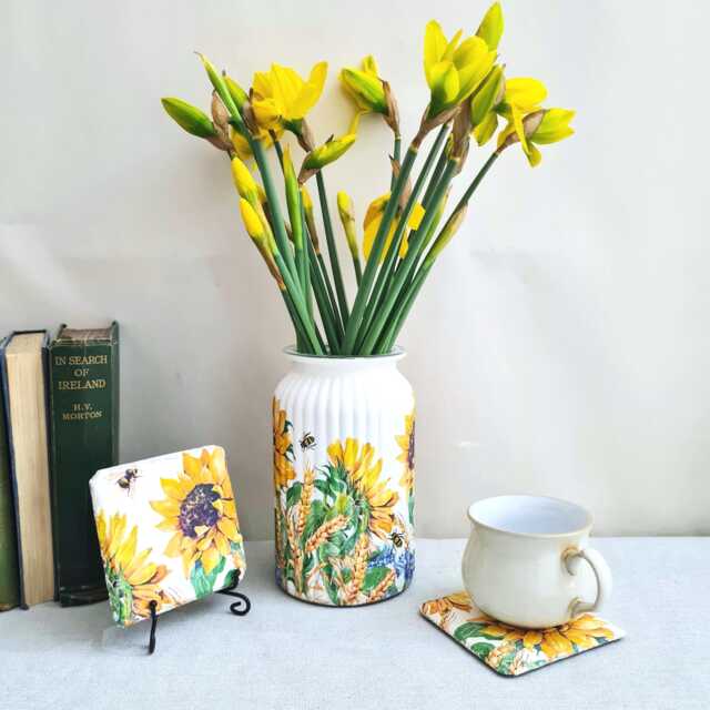 Sunflower Glass Vase With Slate Coasters Set, Handmade Decoupage Floral Table Decor Gift - image 1