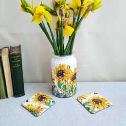 Sunflower Glass Vase With Slate Coasters Set, Handmade Decoupage Floral Table Decor Gift - thumbnail 2
