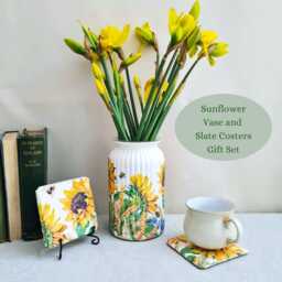 Sunflower Glass Vase With Slate Coasters Set, Handmade Decoupage Floral Table Decor Gift - thumbnail 3
