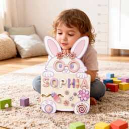 Personalized Rabbit Baby Name Puzzle, Wooden Kids Busy Board, Custom Bunny Gift, 1st Birthday Personalised Gift Toy