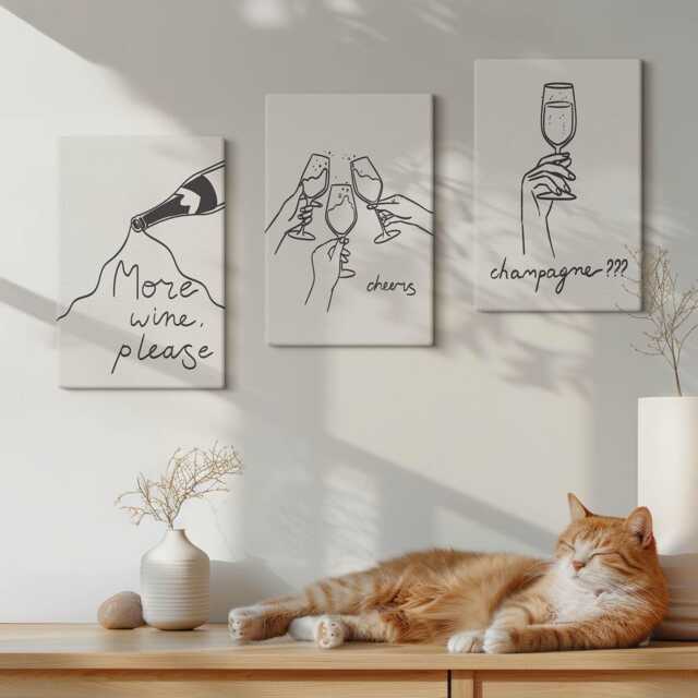 Canvas Art Set Of 3 - Joyful Moments With Wine & Champagne Line-Art, Creamy Wall Large, Food Drinks Decor - image 1