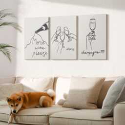 Canvas Art Set Of 3 - Joyful Moments With Wine & Champagne Line-Art, Creamy Wall Large, Food Drinks Decor - thumbnail 2